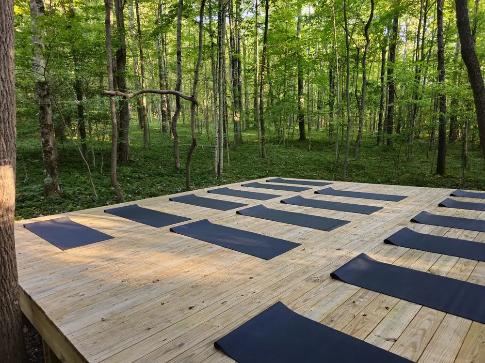 The yoga and meditation platform in the forest at Raven's Retreat Hocking Hills